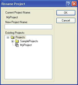5. The EPSON RC+ 5.0 GUI 5.9.8 Rename Command (Project Menu) This command renames the current project. The project directory and all associated project files are also renamed.