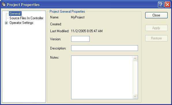 5. The EPSON RC+ 5.0 GUI 5.9.15 Properties Command (Project Menu) Project: Properties: General Page Use this page to view and edit general properties for the current project.