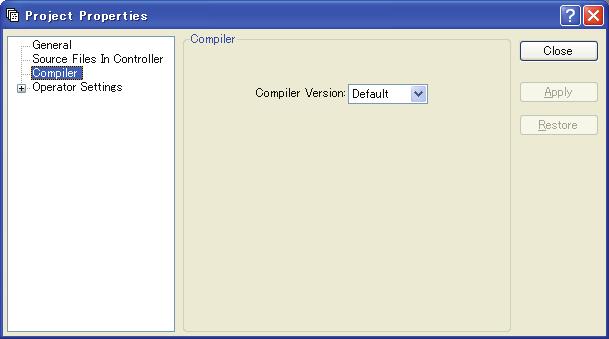 5. The EPSON RC+ 5.0 GUI Project: Properties: Compiler Page This page allows you to configure the compiler settings. Item Compiler Version Description [Default] is the normal setting.