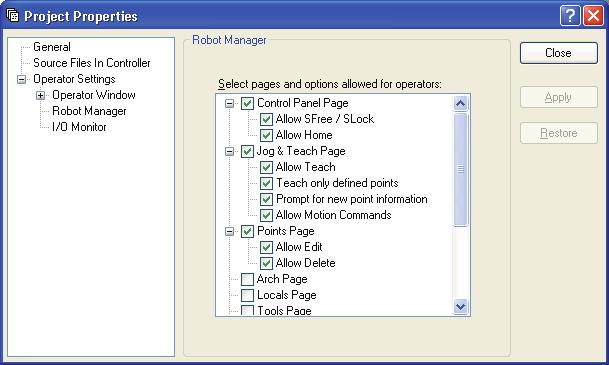 5. The EPSON RC+ 5.0 GUI Project: Properties: Operator Settings: Robot Manager Page Use this page to configure the Robot Manager for operators.