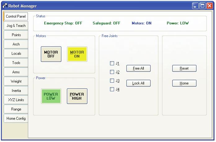 5. The EPSON RC+ 5.0 GUI Tools: Robot Manager: Control Panel Page The Control Panel page contains buttons for basic robot operations, such as turning motors on/off and homing the robot.