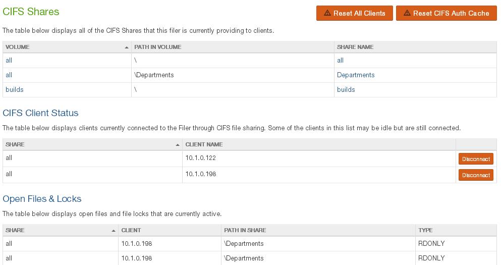 Figure 7: Nasuni Filer GUI CIFS Client Status view Automatic Failover The use of DFS can potentially be beneficial for all the reasons mentioned above.