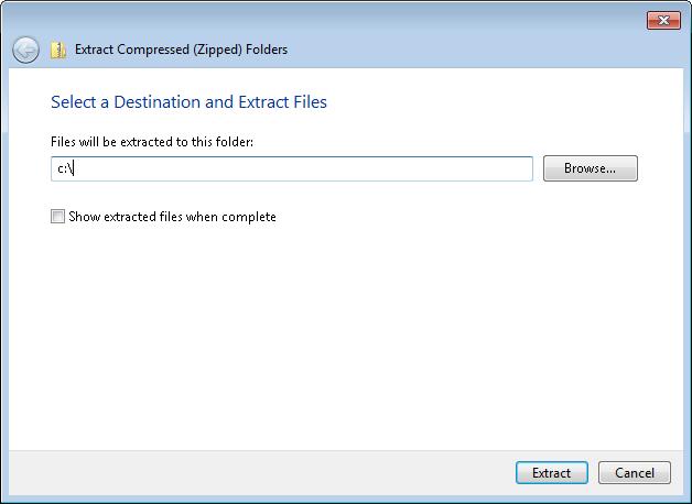 Windows will then ask you where you want to extract the zip files. We recommend unzipping directly into the C:\ folder.