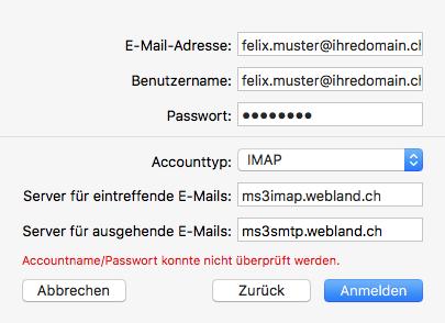 The input fields E-mail address and Password are already filled out. Enter your e-mail address under User name again in the form: YourAccount@YourDomain.ch Under Account Type select IMAP.