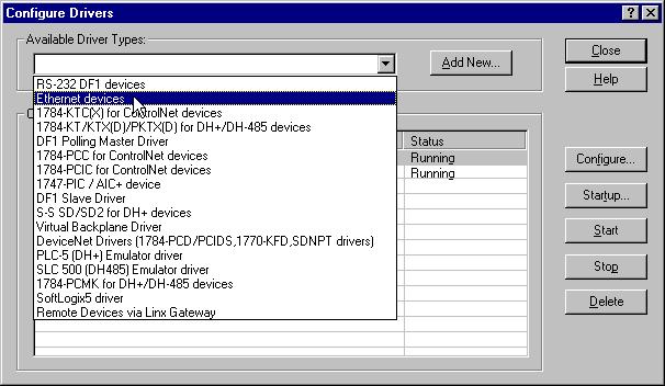 2. From the Communications menu, select Configure Drivers. The following window will open. 3.