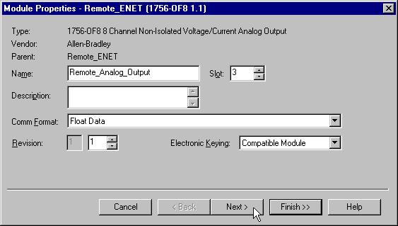 Analog I/O with Direct Connection 6-5 2. Select the 1756-OF8 analog output module from the list and click on OK. The Module Properties window will open. 3.