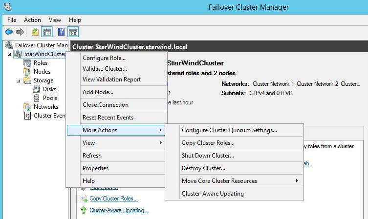Adding Witness and Cluster Shared Volumes To add Cluster Shared Volumes (CSV) that is necessary to work with Hyper-V virtual machines: 77. Open Failover Cluster Manager. 78.