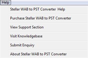 Stellar WAB to PST Converter Help Use this option to view the help manual for the software. Purchase Stellar WAB to PST Converter Use this option to purchase Stellar WAB to PST Converter software.
