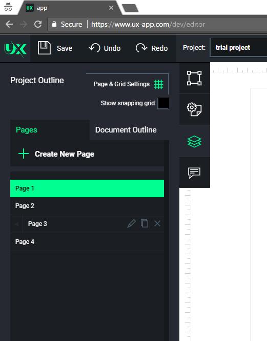 Project Pages Project Pages & Outline Select this tab to manage pages and hide/show components using the document outline. Add Page Change Page Name Double click a page name to change it s label.