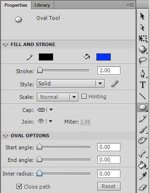 Guide Adobe Flash Professional To set drawing tool properties: 1. Start Flash and open a new blank document (ActionScript 3.0). 2. Select the Oval tool in the Tools panel.