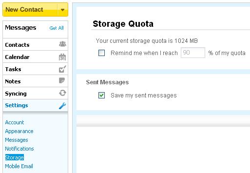 Within this section your storage quota is displayed. You can select if you want to be informed before you have reached your storage quota, i.e. you can select when a mailbox almost full message will be sent.