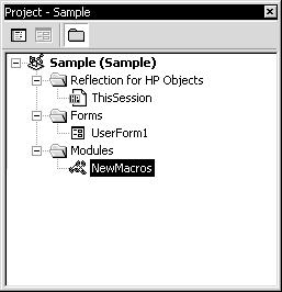 Using the Visual Basic Editor 33 qüé=mêçàéåí=bñéäçêéê The Project Explorer displays the elements of your current project. (See page 26 for information about the components of a Reflection project.