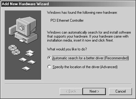 4. Install the Windows Me/98 Ethernet drivers.