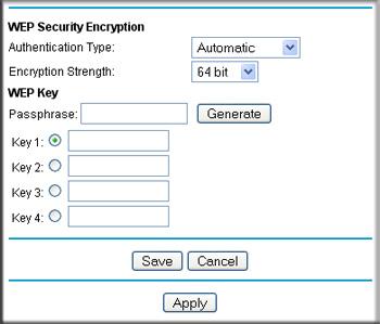 Figure 9. 4. Select the authentication type: Automatic.This is the default setting. Open System. Shared Key. 5. Select the encryption strength setting: 64-bit WEP. 128-bit WEP. 6. Enter the encryption keys.