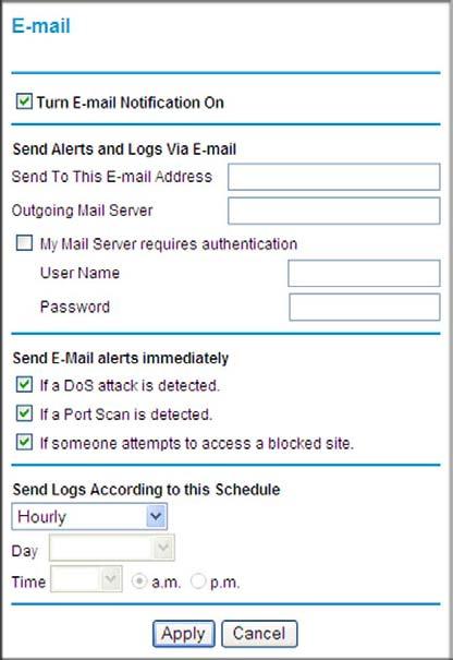 Configuring E-mail Alerts and Web Access Log Notifications To receive logs and alerts by e-mail, you must provide your e-mail account information.