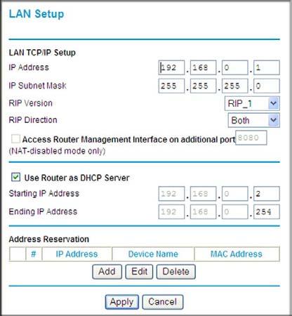 Configuring LAN Setup The LAN Setup screen allows configuration of LAN IP services such as Dynamic Host Configuration Protocol (DHCP) and Routing Information Protocol (RIP).