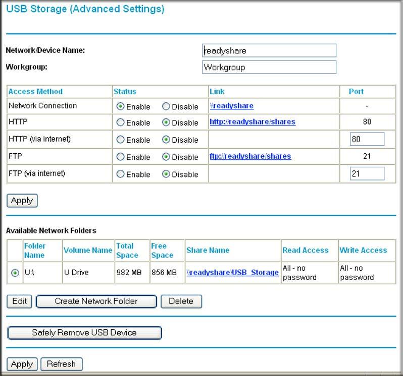 Configuring USB Storage Advanced Settings To configure advanced USB settings, under the USB heading on the wireless modem router main menu, select Advanced Settings.