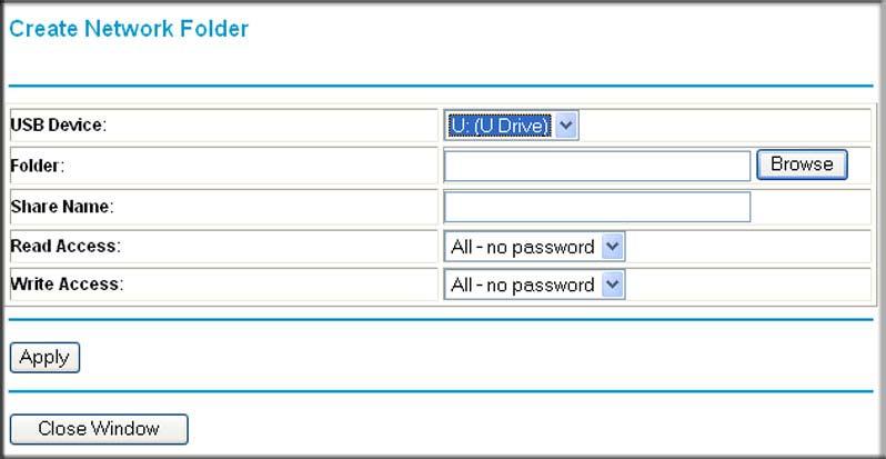 Figure 52. You can use this screen to create a folder and to specify its Share Name, Read Access, and Write Access from All-no password to admin.