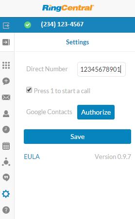 RingCentral for Google User Guide Options 11 Options You can also get to these options anytime by clicking on the gear icon in the top navigation bar. 1. Direct Number: This is the number from which outgoing calls will be made.