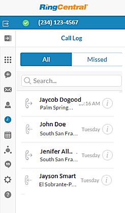 RingCentral for Google User Guide Call Log 28 Call Log The Call Log screen shows a list of all your calls in the last week.