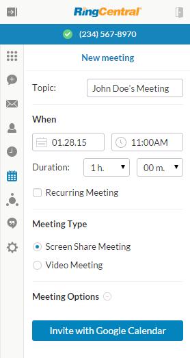 RingCentral for Google User Guide RingCentral Meeting Google Calendar Invite 32 RingCentral Meetings You can schedule a RingCentral Meeting with your Google Calendar.