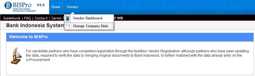 After successfully log in, then choose Partner menu then click Change Company Data menu or click vendor document on the dashboard.