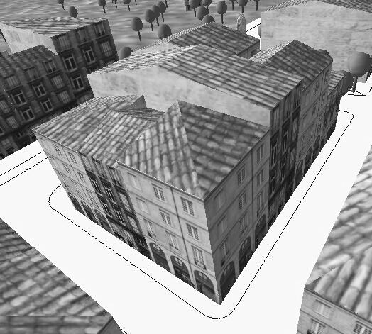 The contour of each block of houses has first to be found, this is done by merging the parcels. The second step consists on testing if the sides of the buildings belong to the contour.