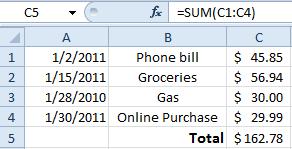 Indicates the cell you are in Indicates the content at current cell, in this case C5 figure 3 After entering each expense just like in figure 3; select a cell where you would like the total to show