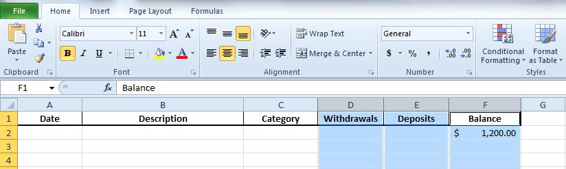 Ok, after you have prepared your worksheet to look just like figure 4. Enter the starting balance for the account that you want to track with this worksheet on cell F2.