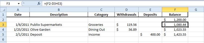 Ok, now we need to create a formula for the cells on the F column, the Balance column that will calculate the balance every time a new transaction is entered into the account.