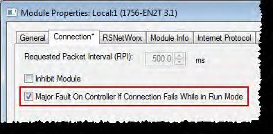 Connections Chapter 1 Configure a Major Fault to Occur You can configure modules to generate a major fault in the controller if they lose their connection with the controller.