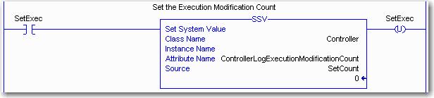 Chapter 3 Controller Logging Example: Retrieve the Execution Modification Count by using a GSV ladder instruction The following rung of ladder logic shows how to set the Execution Modification Count