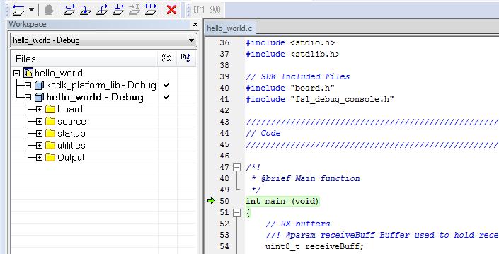 Run a demo using Keil MDK/μVision Figure 12. Stop at main() when running debugging 6. Run the code by clicking the "Go" button to start the application. Figure 13. Go button 7.