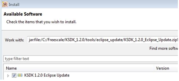 Run a demo using Kinetis Design Studio IDE Figure 34. Select the Eclipse update 9. Check the box to the left of the KSDK Eclipse update and click the "Next" button in the lower right corner. 10.