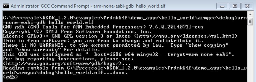 Appendix A - How to determine COM port Figure 66. Run arm-none-eabi-gdb 9. Run these commands: a. "target remote localhost:2331" b. "monitor reset" c. "monitor halt" d. "load" e. "monitor reset" 10.