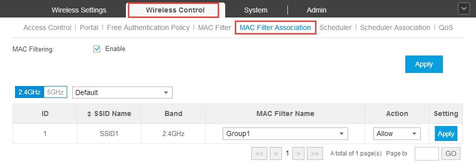 1 ) Check the box and click Apply to enable MAC Filtering function. 2 ) Select a band frequency (2.4GHz or 5GHz) and a WLAN group.