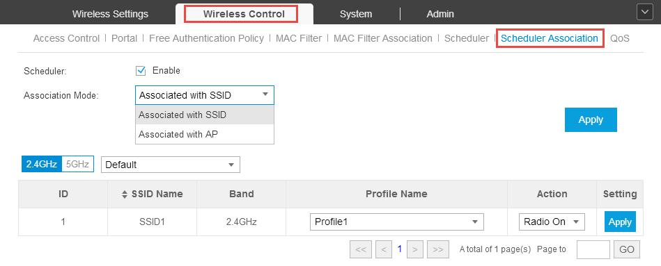 2. Go to Wireless Control > Scheduler Association. 1 ) Check the box to enable Scheduler function.