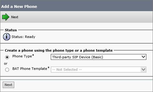 3. In the Phone Type list, select Third-party SIP Device (Basic), and then click Next. 4.