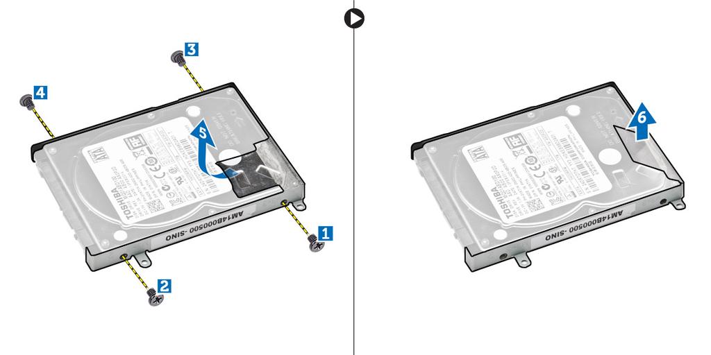 Installing the Hard Drive 1. Place the hard drive in bracket. 2. Affix the tape and tighten the screws that secure the hard drive to the bracket. 3. Connect the hard drive cable. 4.