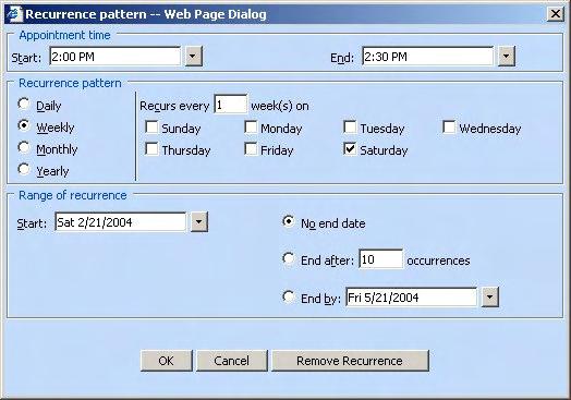 Recurrence If you are scheduling a meeting that will happen on a regular schedule, or a yearly event such as a Birthday, click on the Recurrence button on the Appointment toolbar to setup recurrence