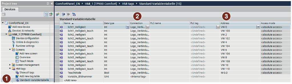 Configuring / programming 3.2 Configuring HMI Panels 3.2.2 Creating a tag table 1. Under "Default tag table" 1 create the tags that are to be linked to the LOGO!. 2.