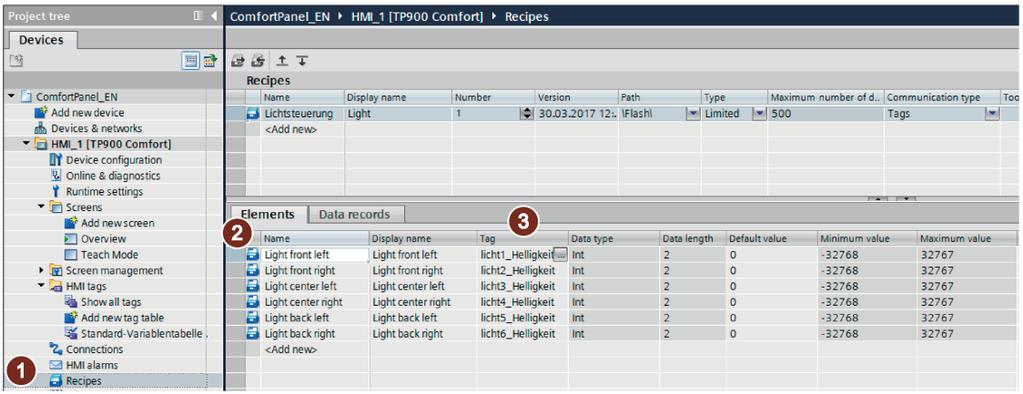Configuring / programming 3.2 Configuring HMI Panels 3.2.3 Defining the "light control" recipe Creating the "light control" recipe 1.