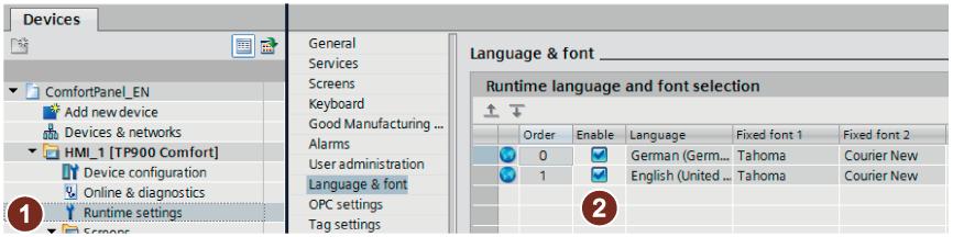Configuring / programming 3.2 Configuring HMI Panels 3. Set the check marks for the selected languages under "Runtime settings" 1 with "Enable" 2.