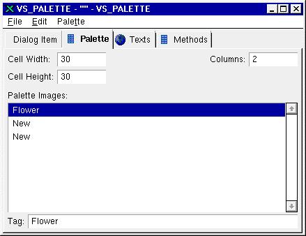 SYS 500 7 Other Dialog Items 1MRS751256-MEN Figure 57. The Palette page where you can choose the palette items for the palette To insert the palette items, choose New Item in the Palette menu.