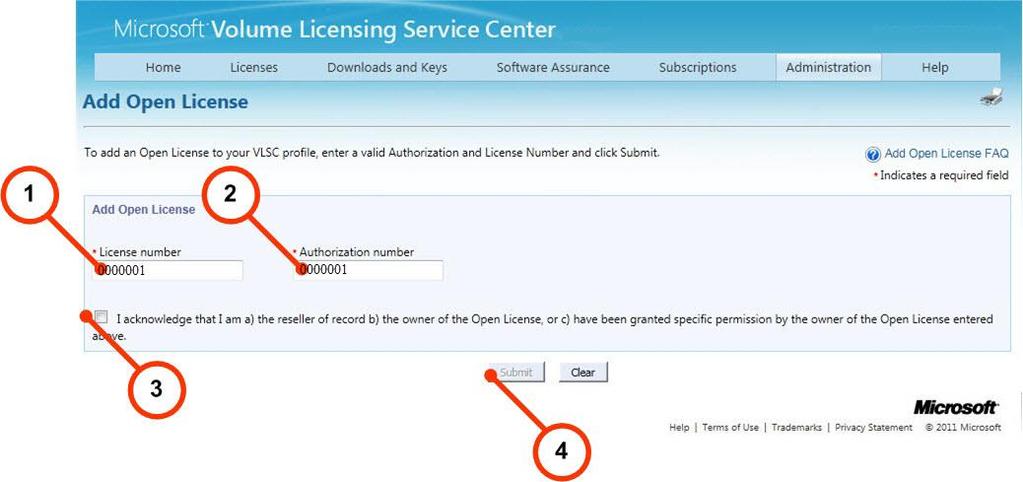 18 Number Name Purpose 1 License Number To add an Open License, type the license number into the text field. 2 Authorization Number Type the Open License Authorization number into the text field.