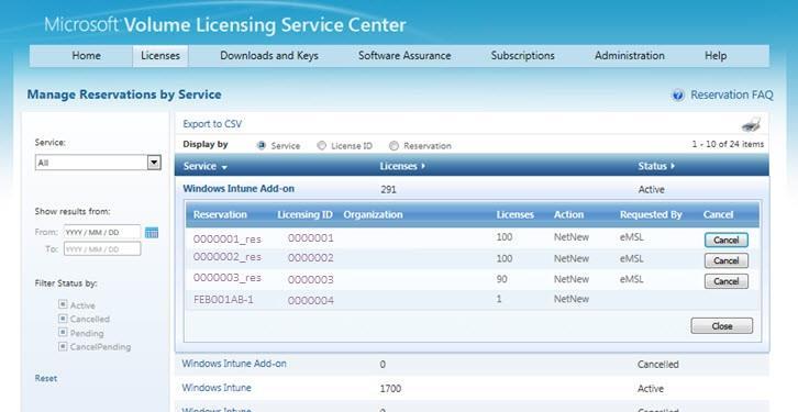 3. Select the License ID to view your reservations by license ID. Select a number in the License ID column to view reservation details.