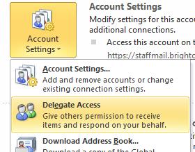 Using Outlook Calendars Effectively To set someone up as a delegate, the owner of the mailbox to be delegated (i.e. the manager) needs to: Click on the File tab With Info selected in the left-hand menu, click on Account Settings and choose Delegate Access.