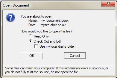To check out a document manually, hover the cursor to the right of the document name until you see the black arrow and then click on the arrow. The pop-up menu below will appear. Click Check Out.