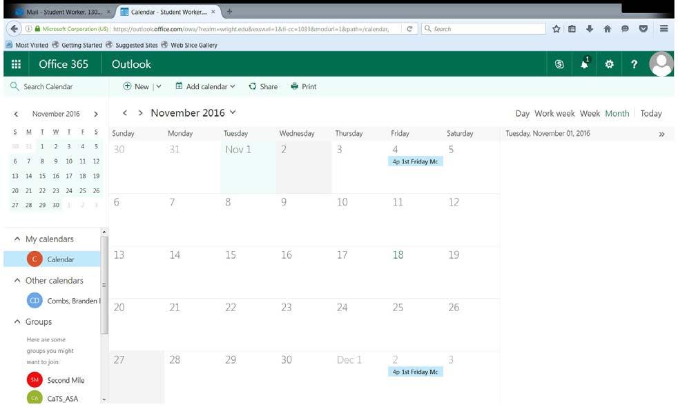 Calendar Your OWA Calendar is where you can see the events you are scheduled for and schedule other events. You can also add others calendars and view their scheduled events.