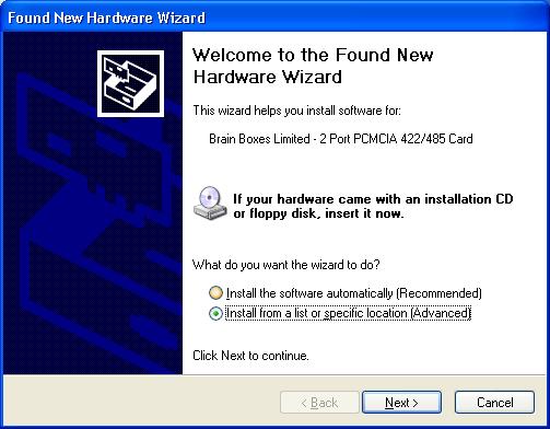 1. Windows XP 1.1. Installation Insert the PCMCIA card into the laptop and choose to Install from a list or specific location (Advanced) when the Found New Hardware wizard appears: Select the Search